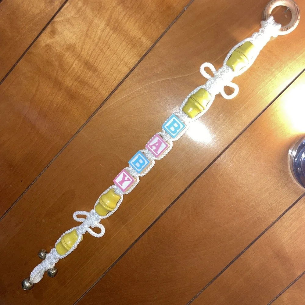 Vintage handmade macrame decoration hanging‎ wooden baby blocks bells yellow